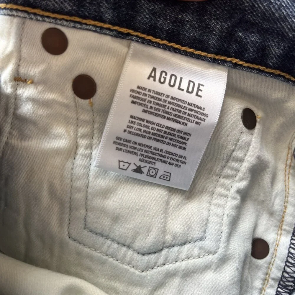 AGOLDE Rumi Mid Length Denim Shorts Frayed Hem Distressed Precision Wash Sz 28 - Picture 4 of 5
